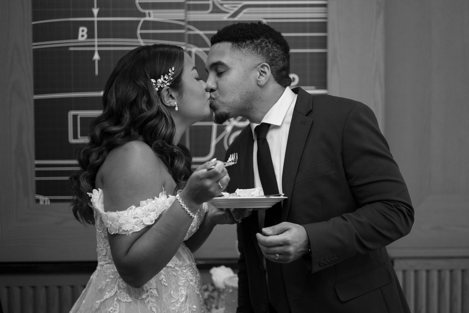A romantic black and white wedding photo collage showing tender moments between a bride and groom.