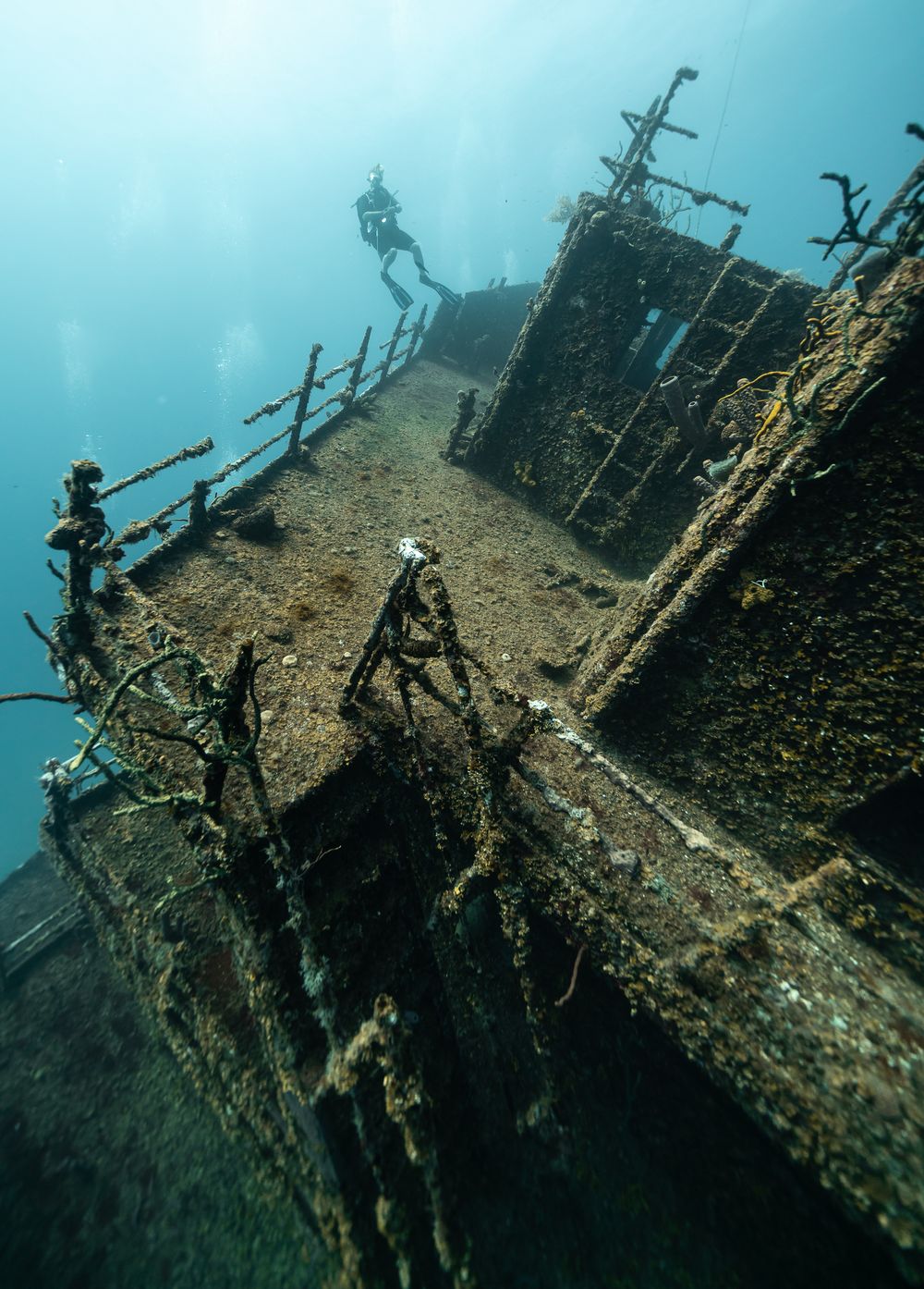 Underwater scuba divers explore a sunken shipwreck covered in marine growth and debris on the ocean floor.