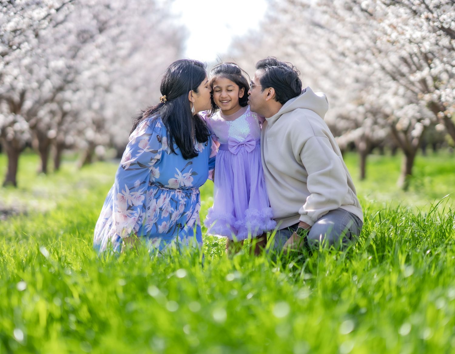 A family enjoys a spring day sitting together in a blooming almond orchard with white flowers in the background.