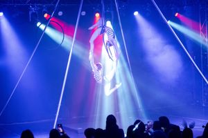 Aerial performer in white costume illuminated by dramatic blue and pink spotlights during circus show performance.