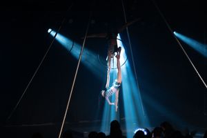 Aerial performer in white costume illuminated by dramatic blue spotlights during circus show performance.