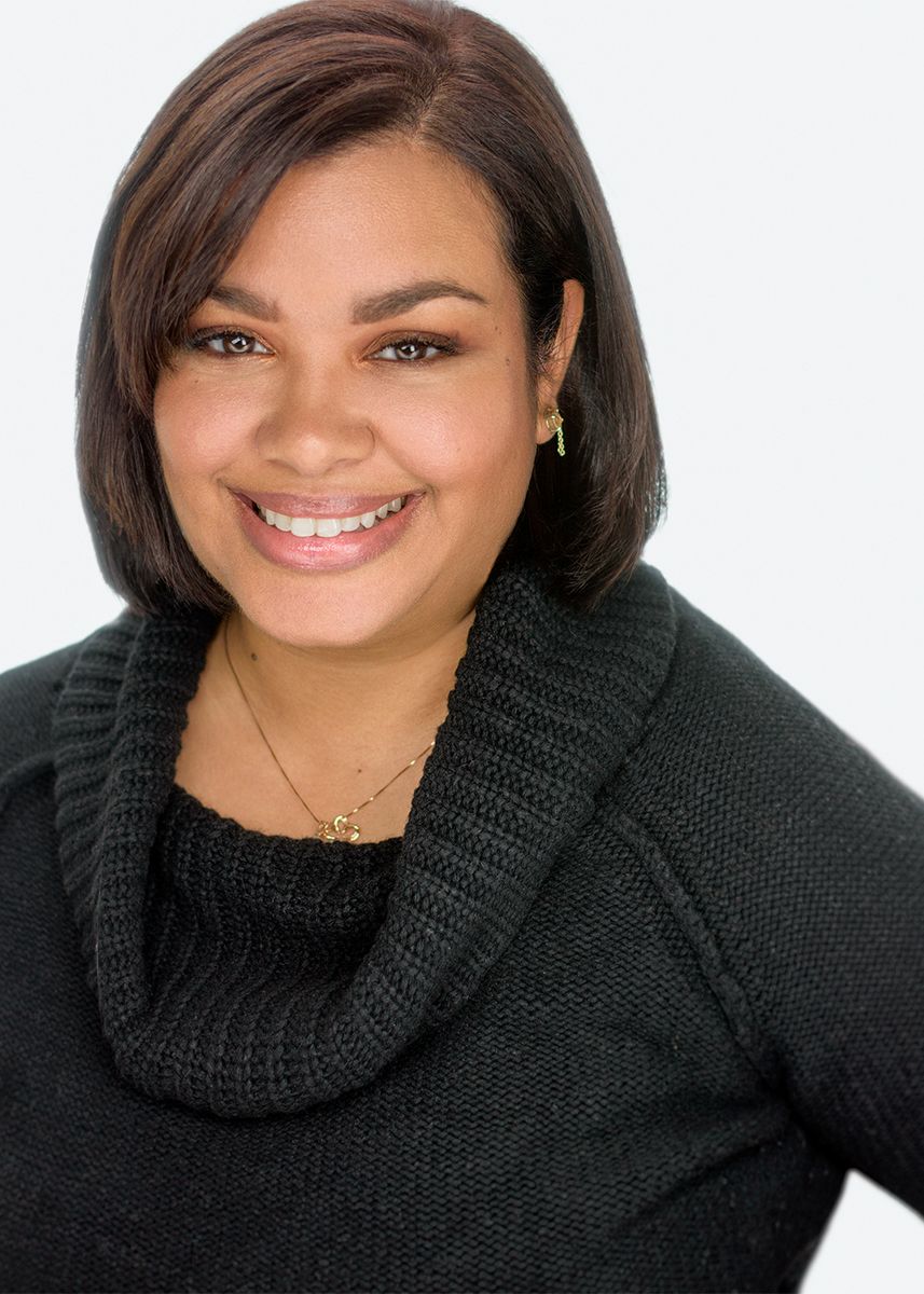 Professional headshot series showing warm smile in black turtleneck sweater against light background.
