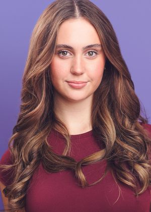 Portrait series showing person in burgundy sweater with wavy brown hair against purple background.
