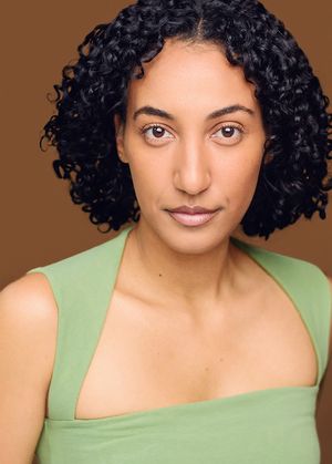 Series of headshots showing person with curly black hair wearing mint green top against brown background.