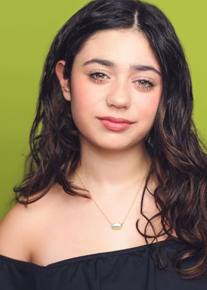 Portrait series against lime green background showing playful expressions and curly dark hair.