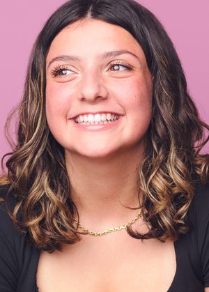 A series of five close-up portraits showing a person with wavy brown shoulder-length hair against a pink and dark background.