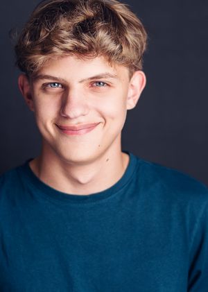 Series of headshots showing cheerful expressions while wearing a dark teal sweater against dark background.
