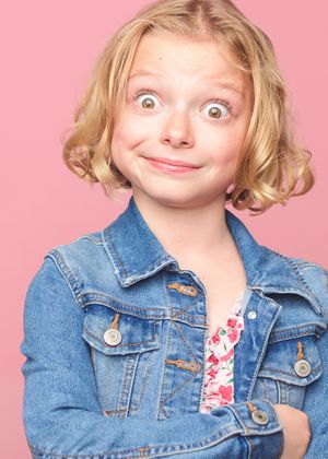A series of expressive portraits against a pink background showing playful poses in a denim jacket.