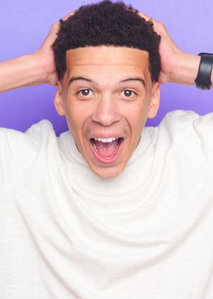 A series of expressive poses showing playful emotions against a purple background.