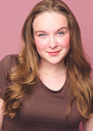 A series of headshots showing someone with long wavy brown hair wearing a dark brown shirt against a pink background.