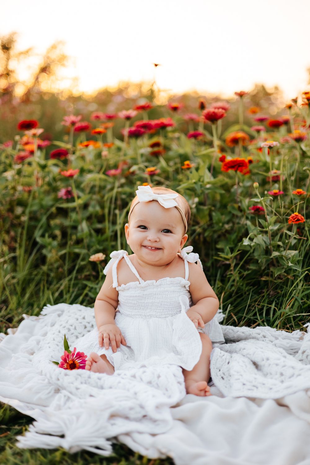Smiling baby girl in white dress and bow headband sitting on blanket in colorful zinnia flower field at sunset.