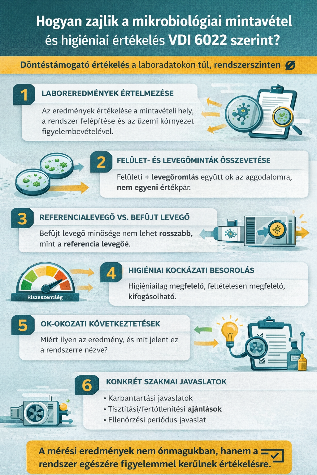 Infographic showing steps of microbiological sampling and hygiene evaluation process with microscopes and scientific equipment.