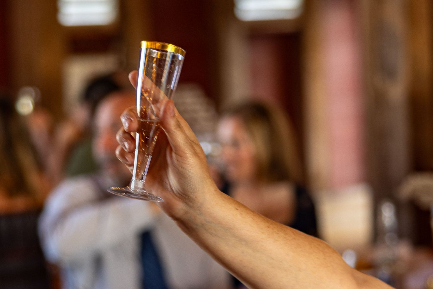 frederick maryland wedding photographer Wedding guests raising champagne glasses for a celebratory toast.