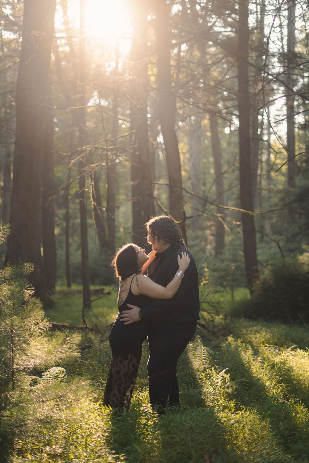Couple embracing in a sunlit forest, surrounded by lush green ferns and tall trees with golden light filtering through.