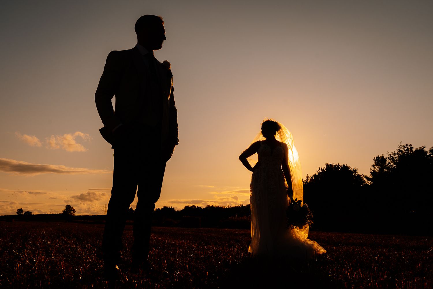 Two silhouettes stand in a field against a dramatic golden sunset with glowing clouds in the background.