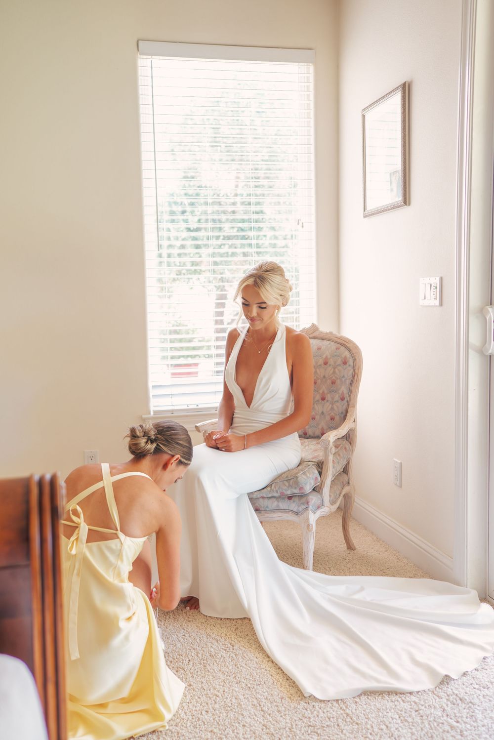 A sequence of photos shows a person in white and yellow dresses sitting and posing in a bright sunlit room.