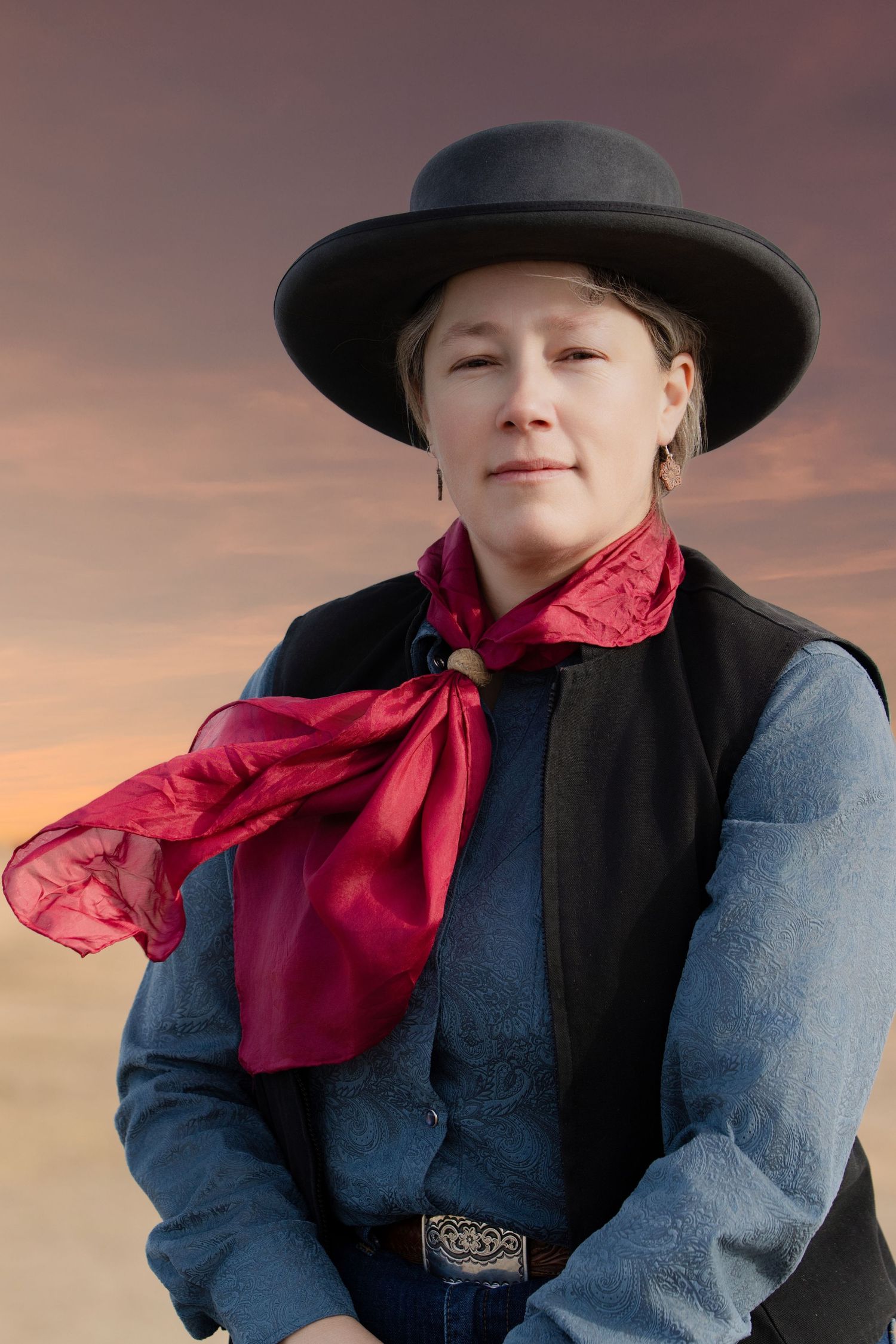 A series of western-style portraits showing a person in a black hat and red bandana against a sunset sky.