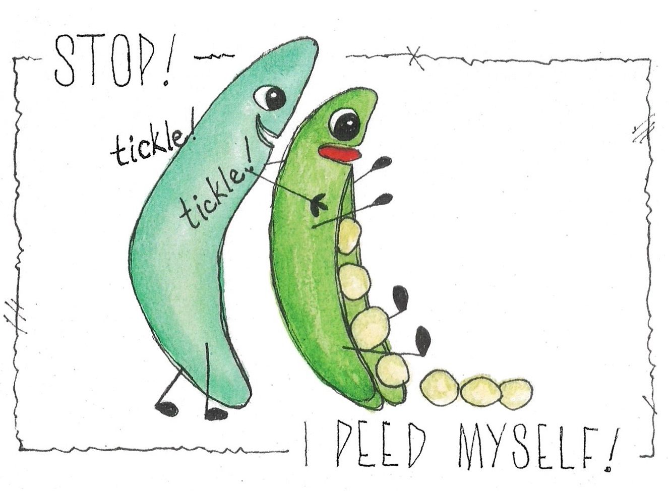 A comic strip showing a green bean character going through stages of tickling itself and saying "Stop" and "I peed myself".