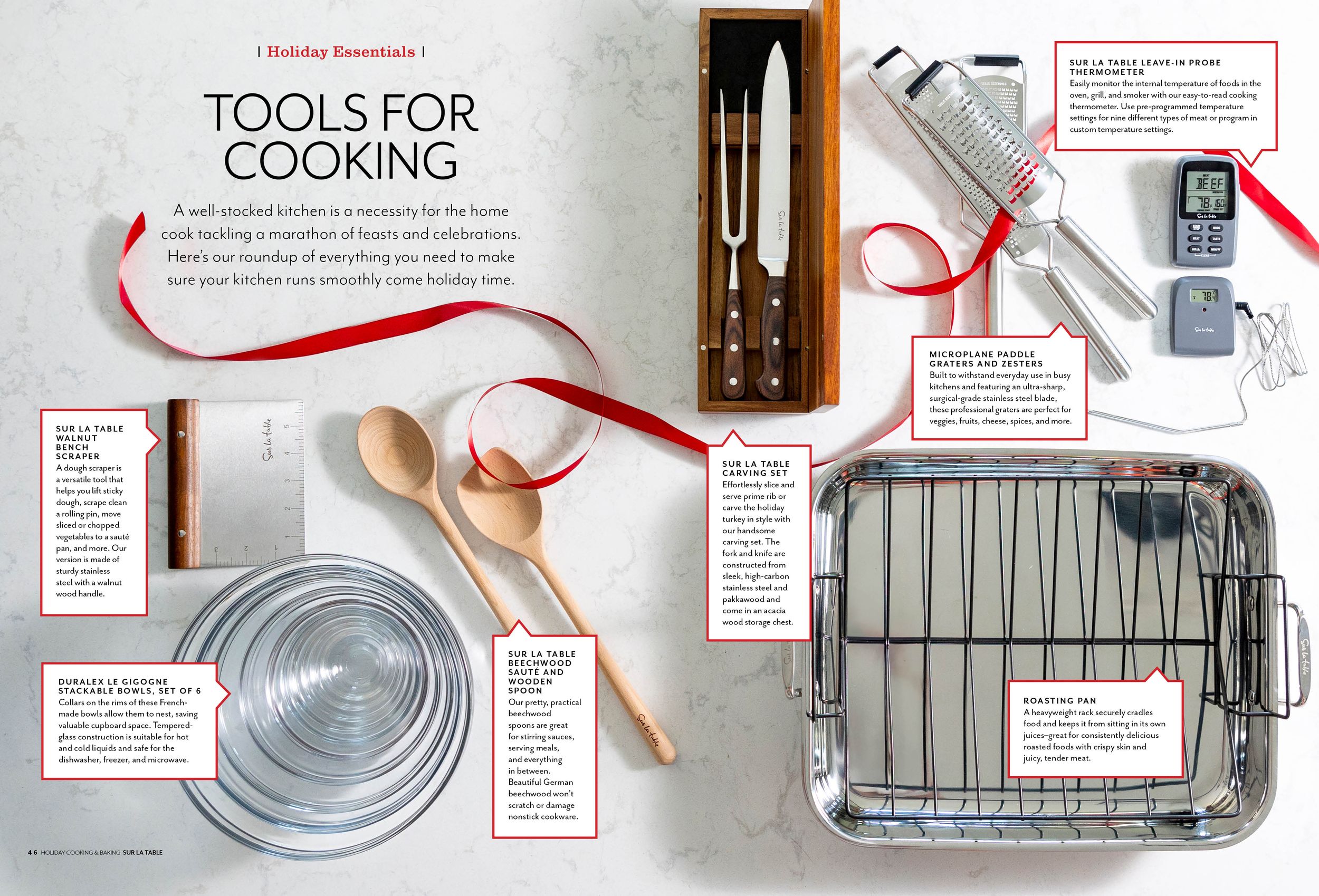 Overhead view of cooking tools and baking equipment with labeled instructions.