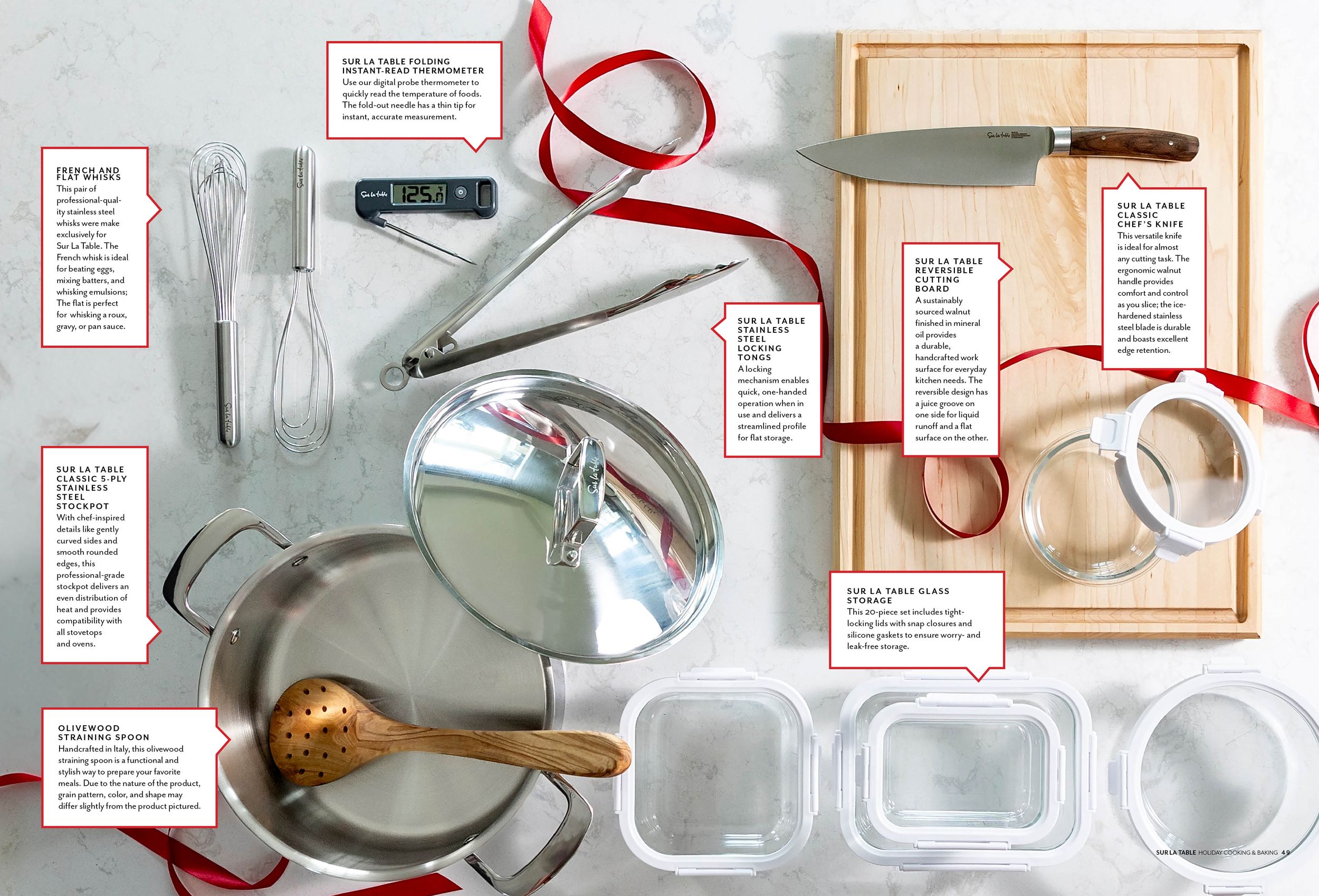 Flat lay of kitchen utensils and baking tools with descriptive text labels.