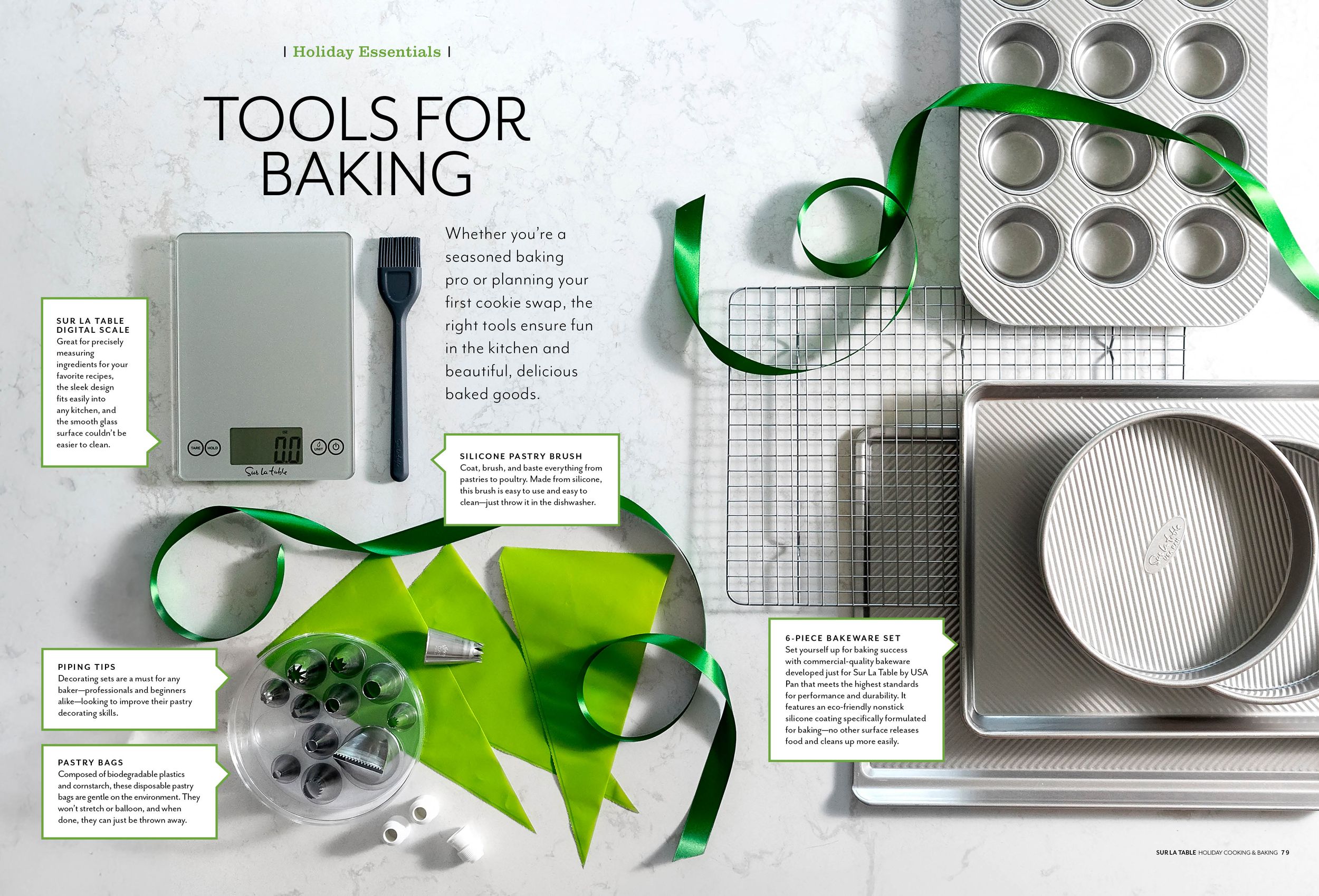 Collection of baking tools and kitchen equipment arranged on a white background.