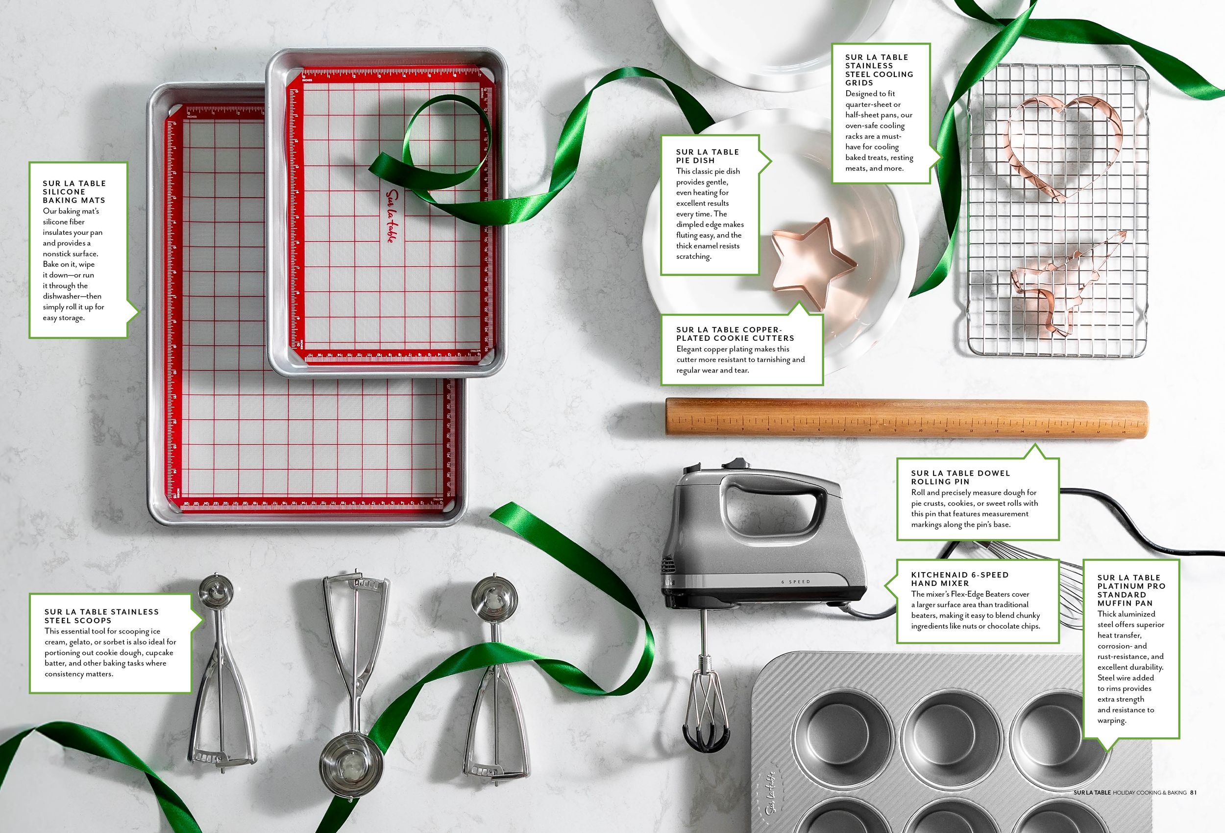 Organized display of cooking measurements and baking tools with instructional labels.