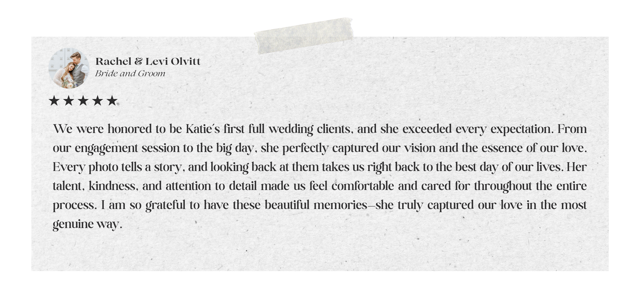 A screenshot of a 5-star review text snippet describing satisfaction with a wedding dress experience.