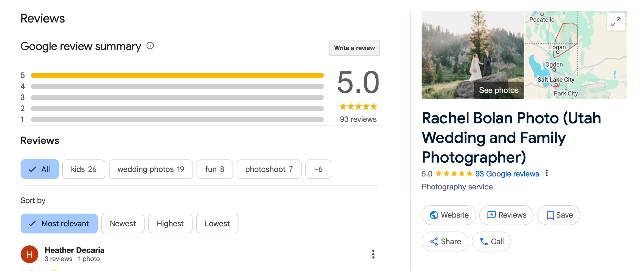 A Google Business Profile review page showing a perfect 5.0 star rating with website details and contact information.