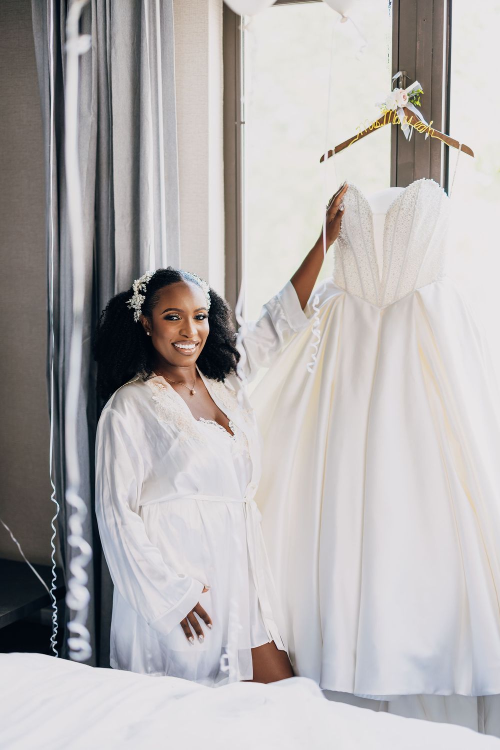 Series of wedding preparation photos shows details of a white bridal gown and morning preparations in hotel room.