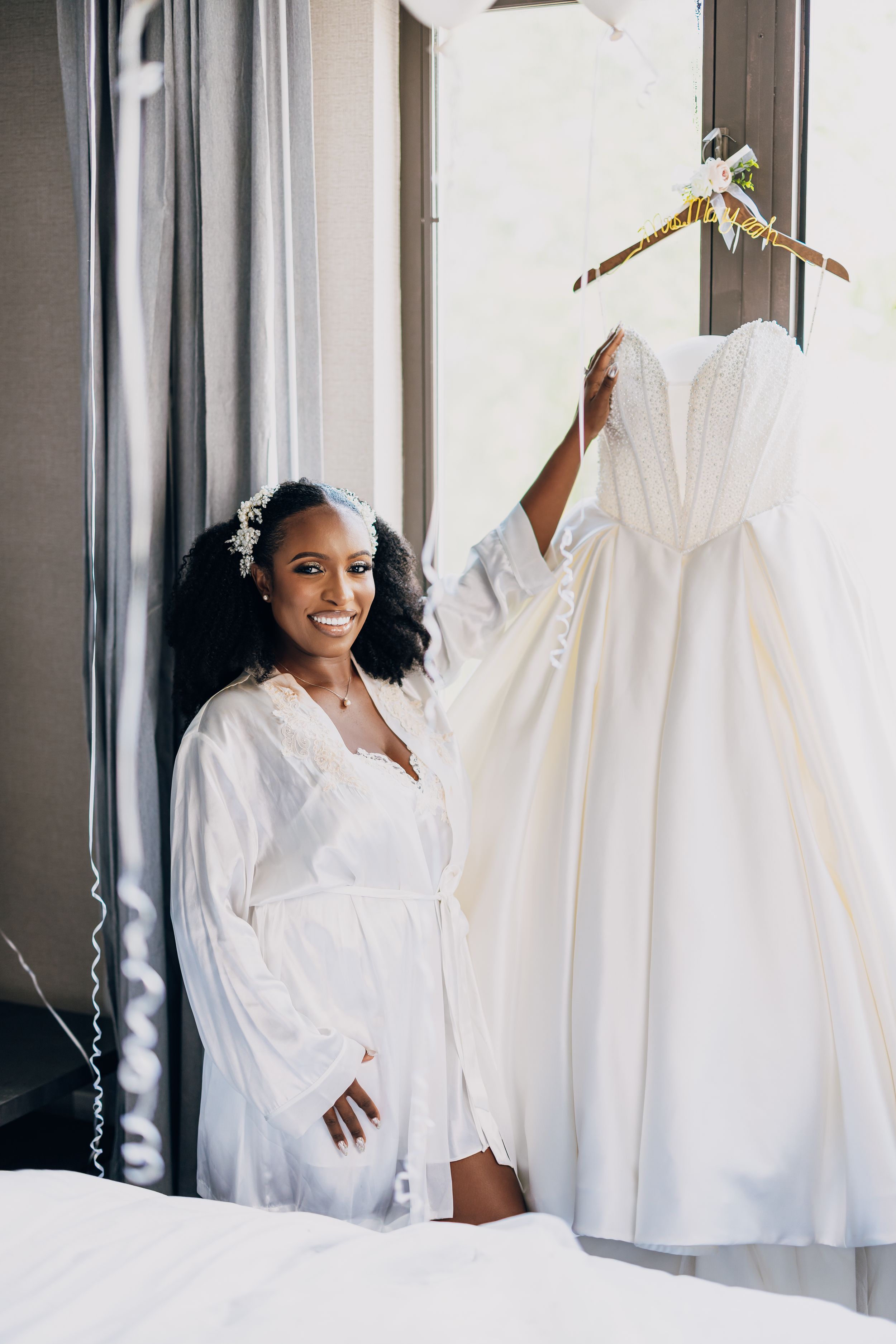 Series of wedding preparation photos shows details of a white bridal gown and morning preparations in hotel room.