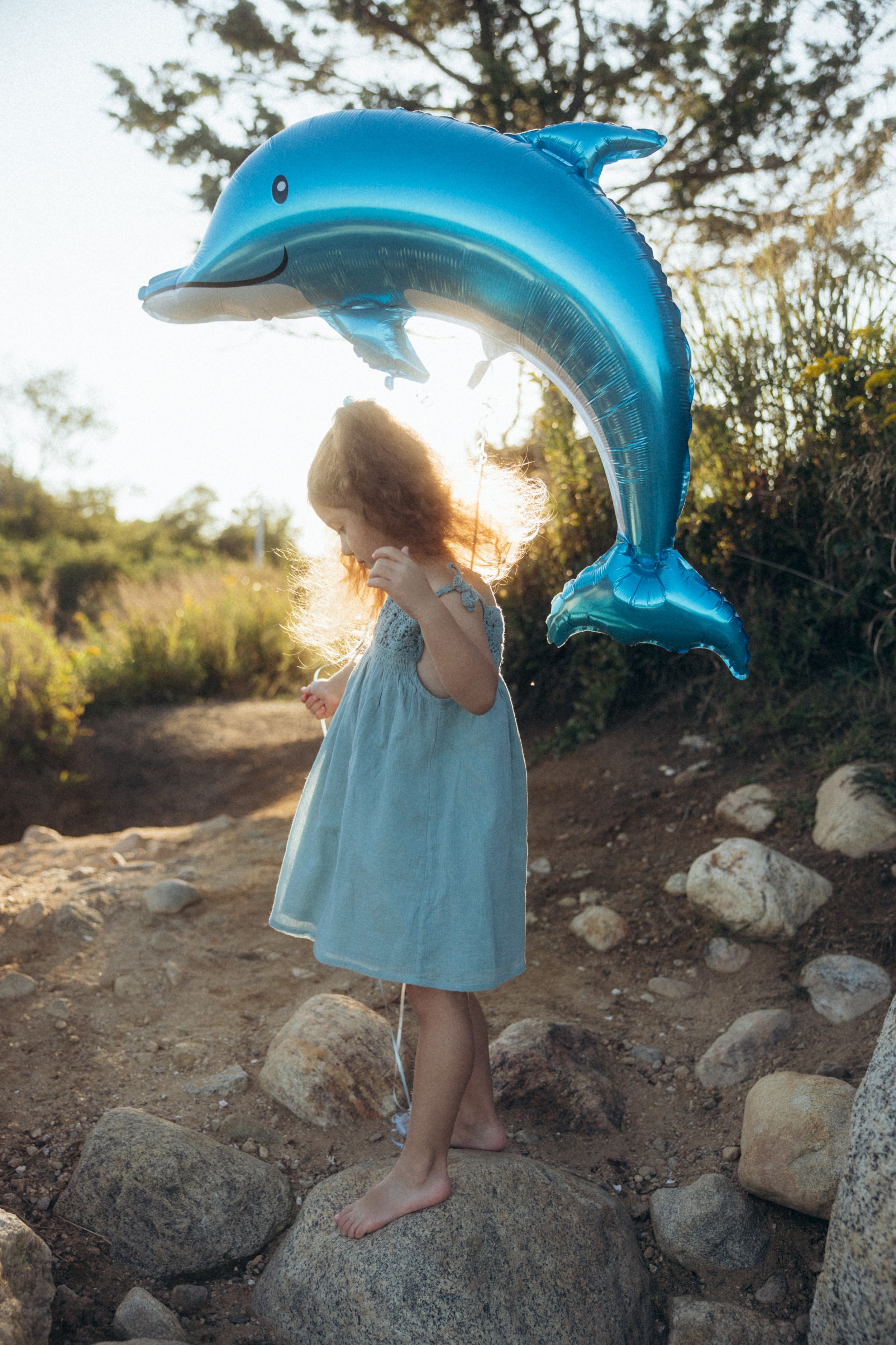A blue dolphin balloon floats against the sunset sky while a child in a dress stands on rocky terrain.