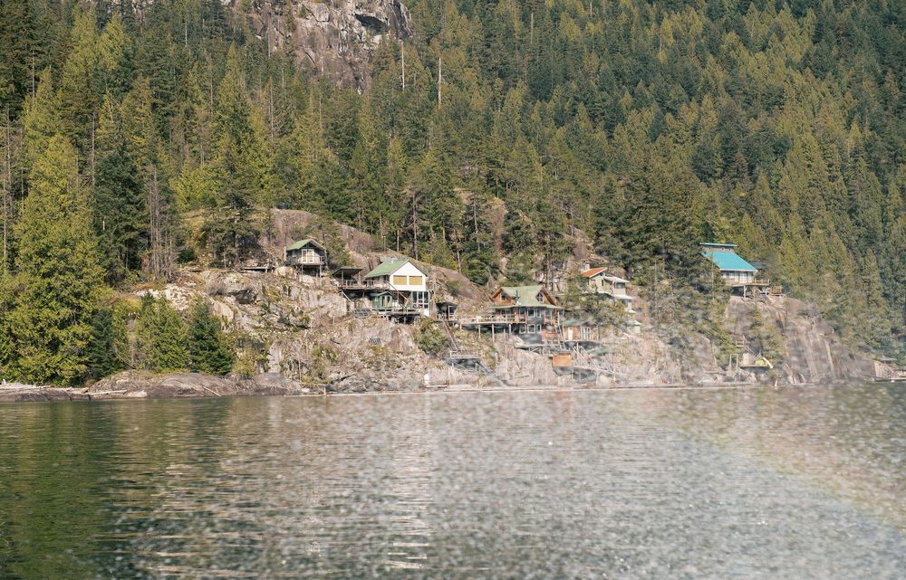 Rocky coastline with evergreen forest and mountain backdrop on a clear day.