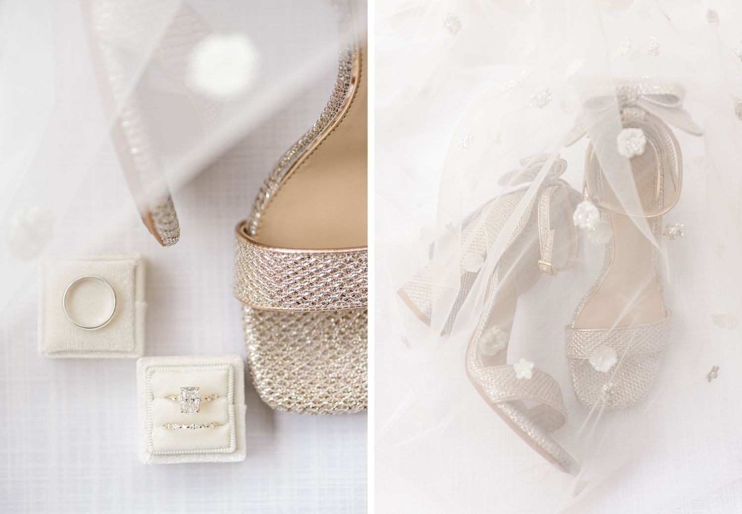 Wedding accessories including a luxury ring box, sparkly shoes and delicate lace details in soft neutral tones.