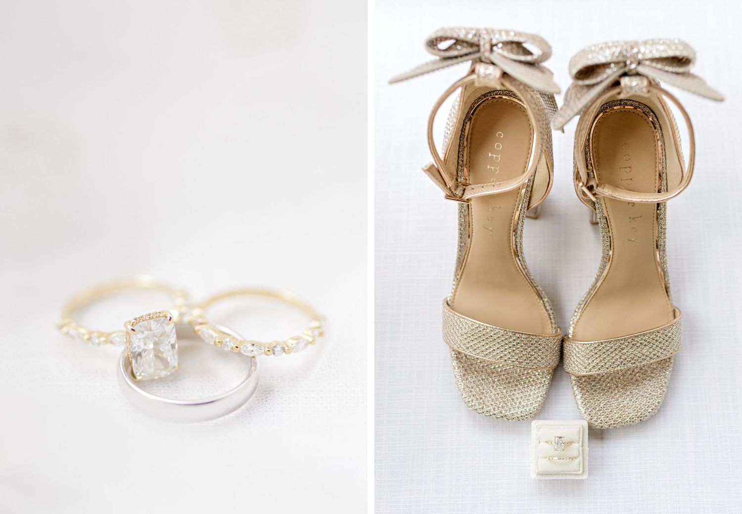 A pair of sparkly gold wedding sandals with ankle straps alongside an elegant engagement ring with diamond.