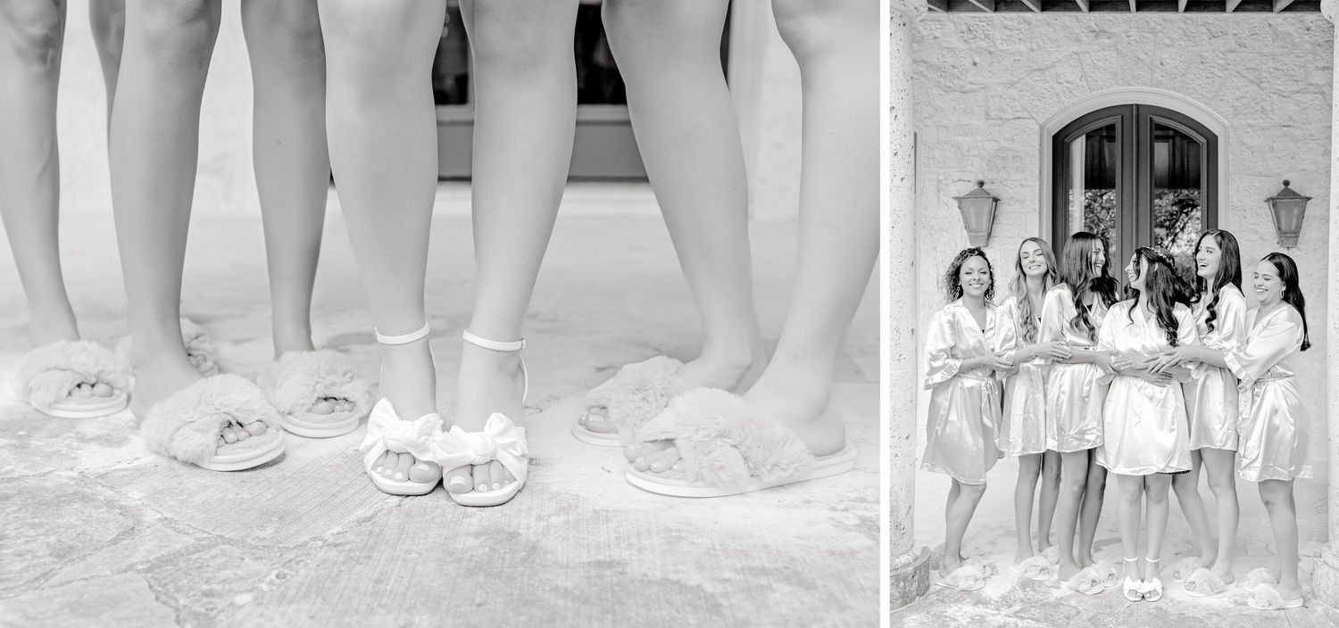 A black and white diptych showing sandy feet with flip flops and a group photo on steps of a building.