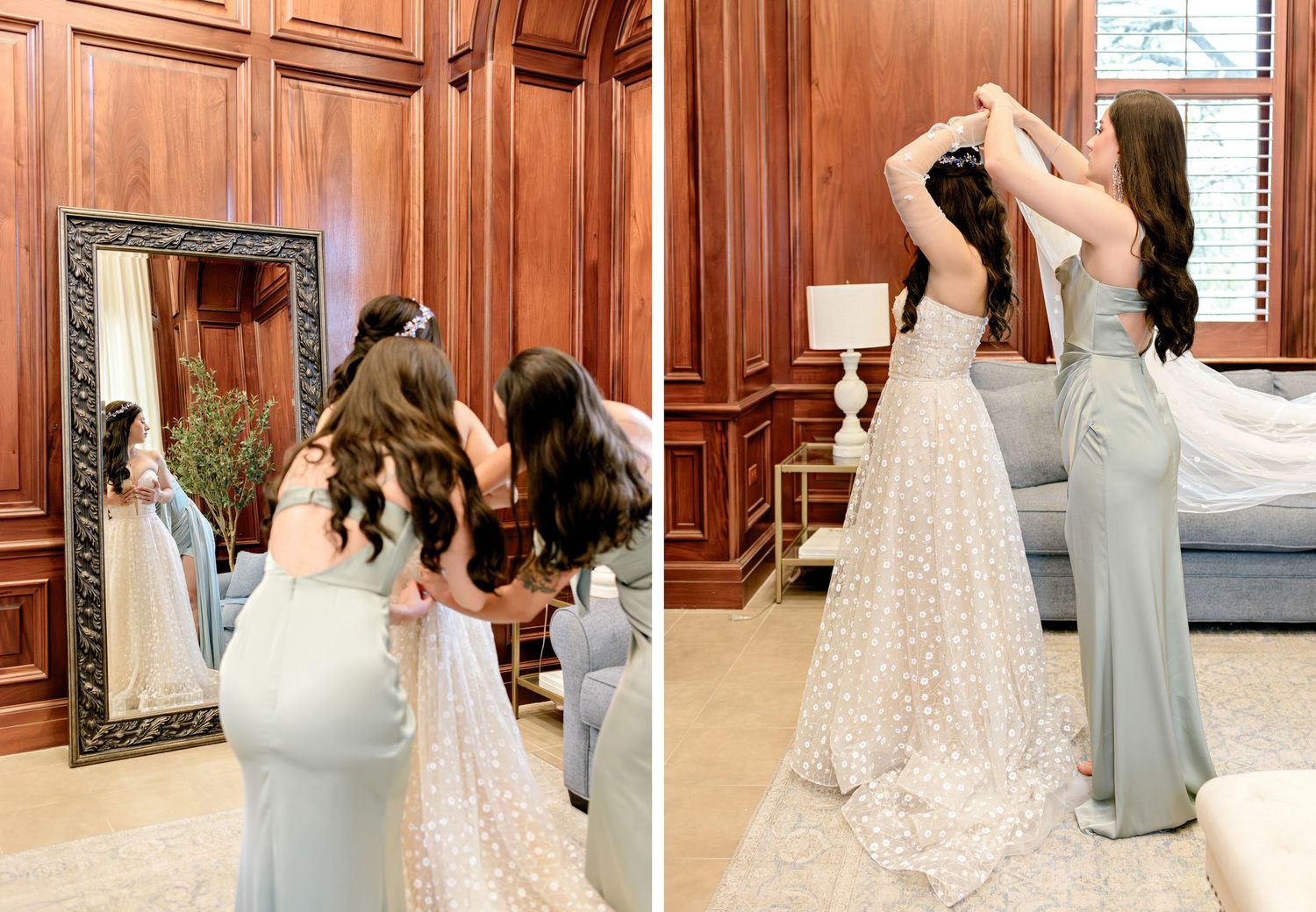 Bridesmaids in gray dresses help with final wedding dress preparations in a wood-paneled dressing room.