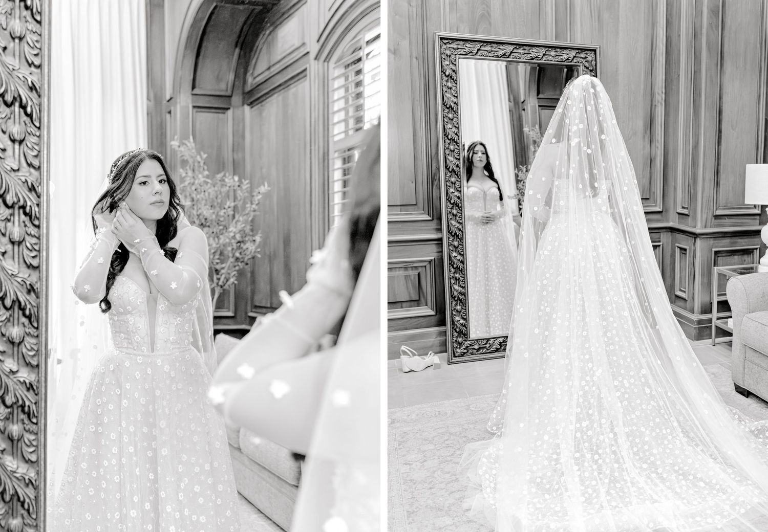 A bride in a flowing white lace wedding gown and cathedral veil is reflected in a full-length mirror.