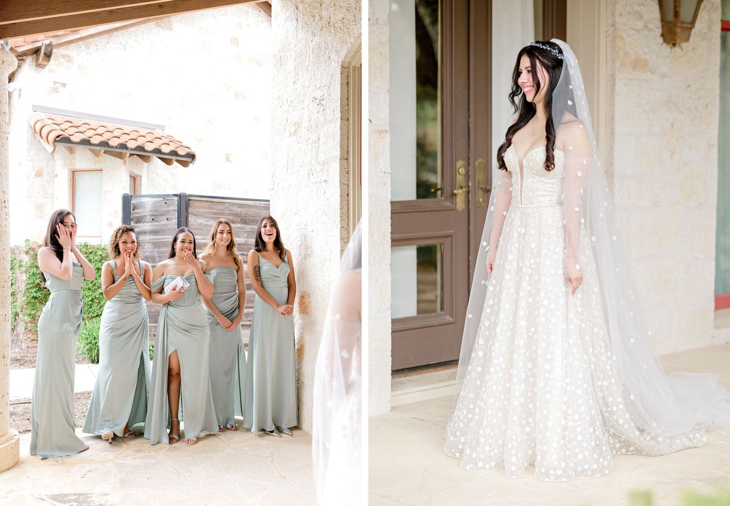 Wedding party in matching sage green dresses poses alongside elegant bride in lace gown and veil.