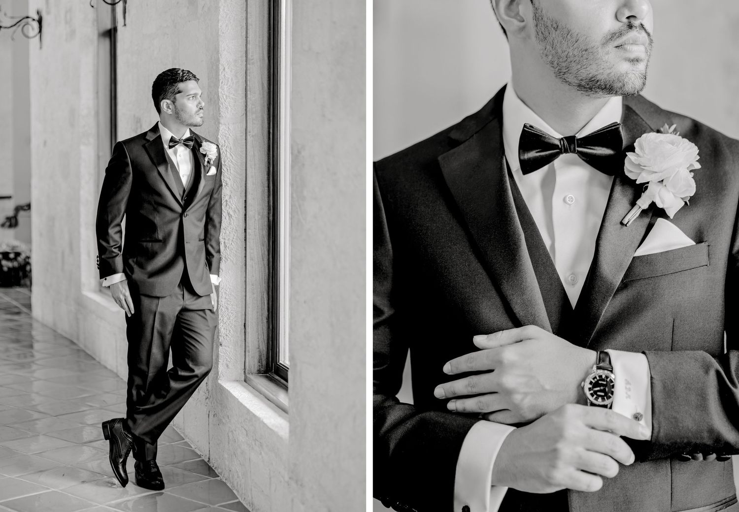 A black and white wedding photo diptych showing a groom in tuxedo leaning by a window and a close-up of his bowtie and boutonniere.