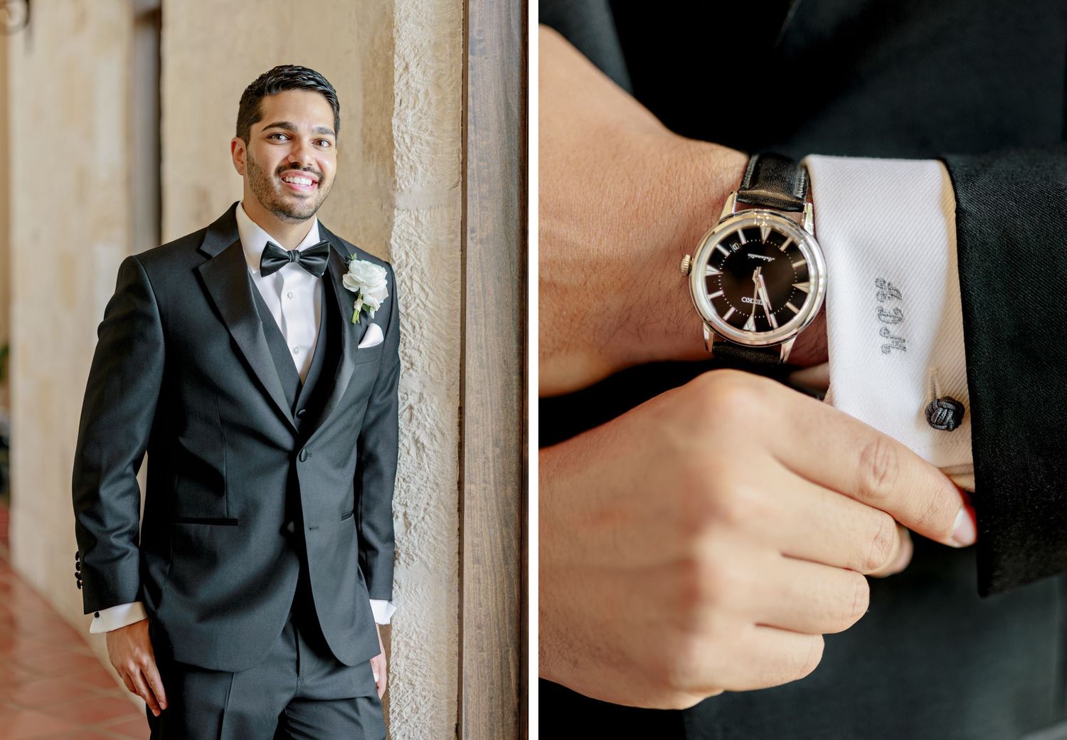 Wedding details with groom in classic black tuxedo and elegant watch accessory in stylish side-by-side photos.