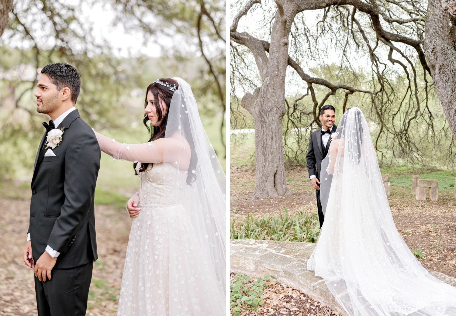 Wedding first look photography with a couple standing among rustic trees in an outdoor woodland setting.