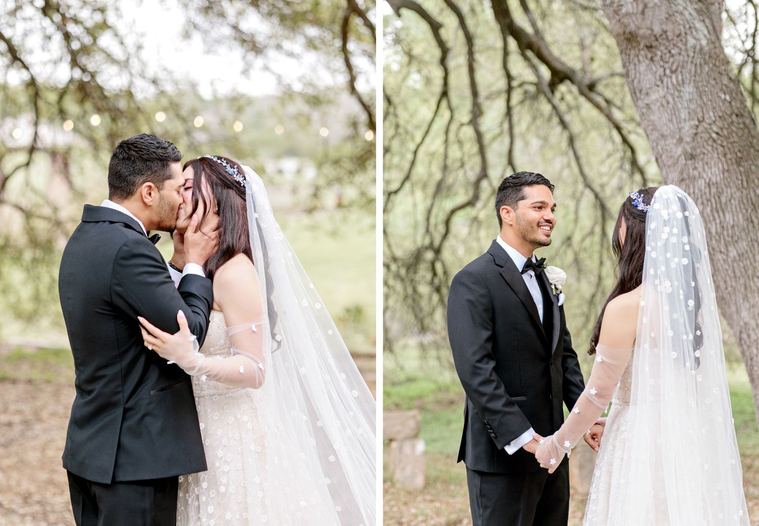 Wedding couple shares intimate moments in a romantic outdoor setting with natural tree backdrop.