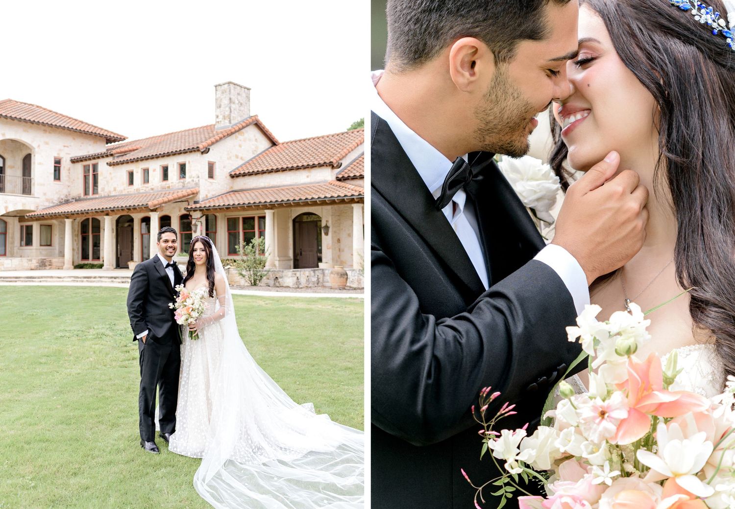 A couple in elegant wedding attire stands in front of a luxurious Mediterranean-style mansion with manicured lawn.