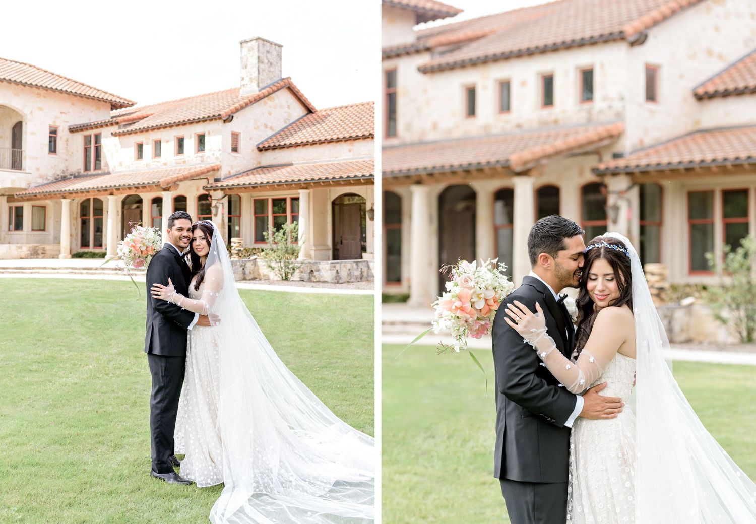 A couple in formal wedding attire embraces on a manicured lawn in front of a Mediterranean-style villa.