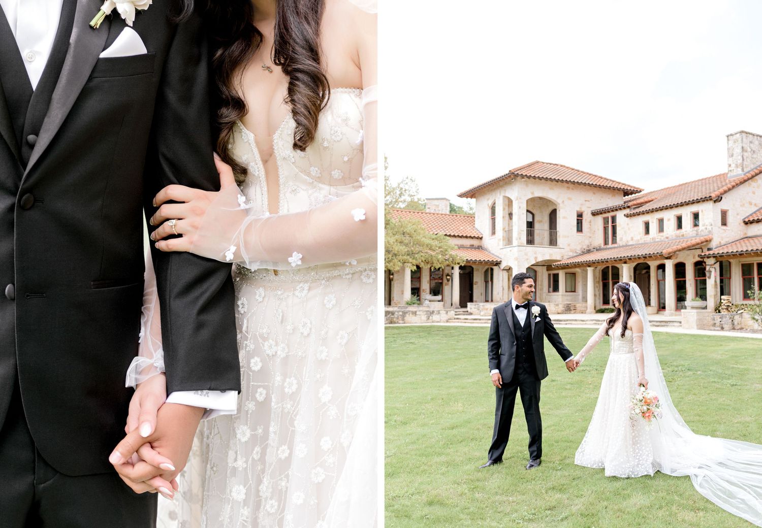 Romantic outdoor wedding photo collage featuring a close-up of formal attire and a scenic mansion estate backdrop.