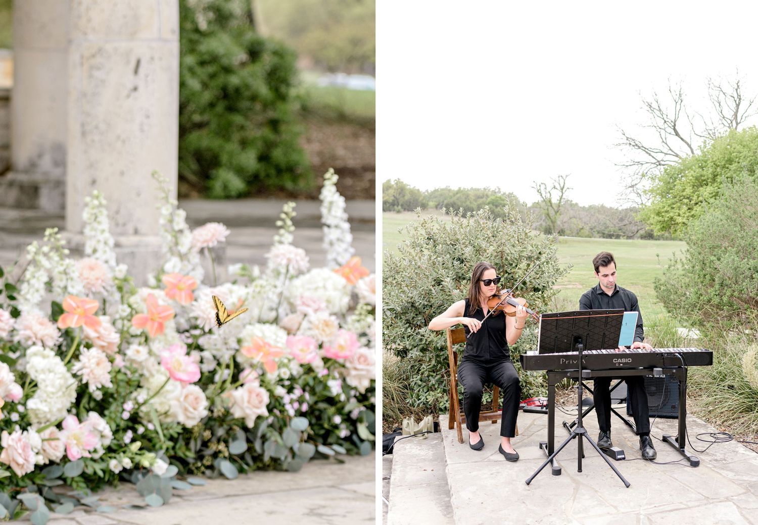 Elegant wedding decoration with peach and white flowers paired with outdoor musicians performing on piano in garden setting.