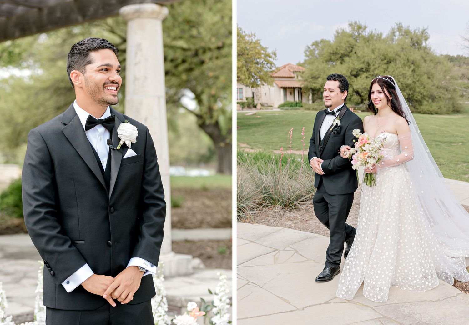 A joyful outdoor wedding celebration with formal attire and a beautiful floral bouquet in a garden setting.
