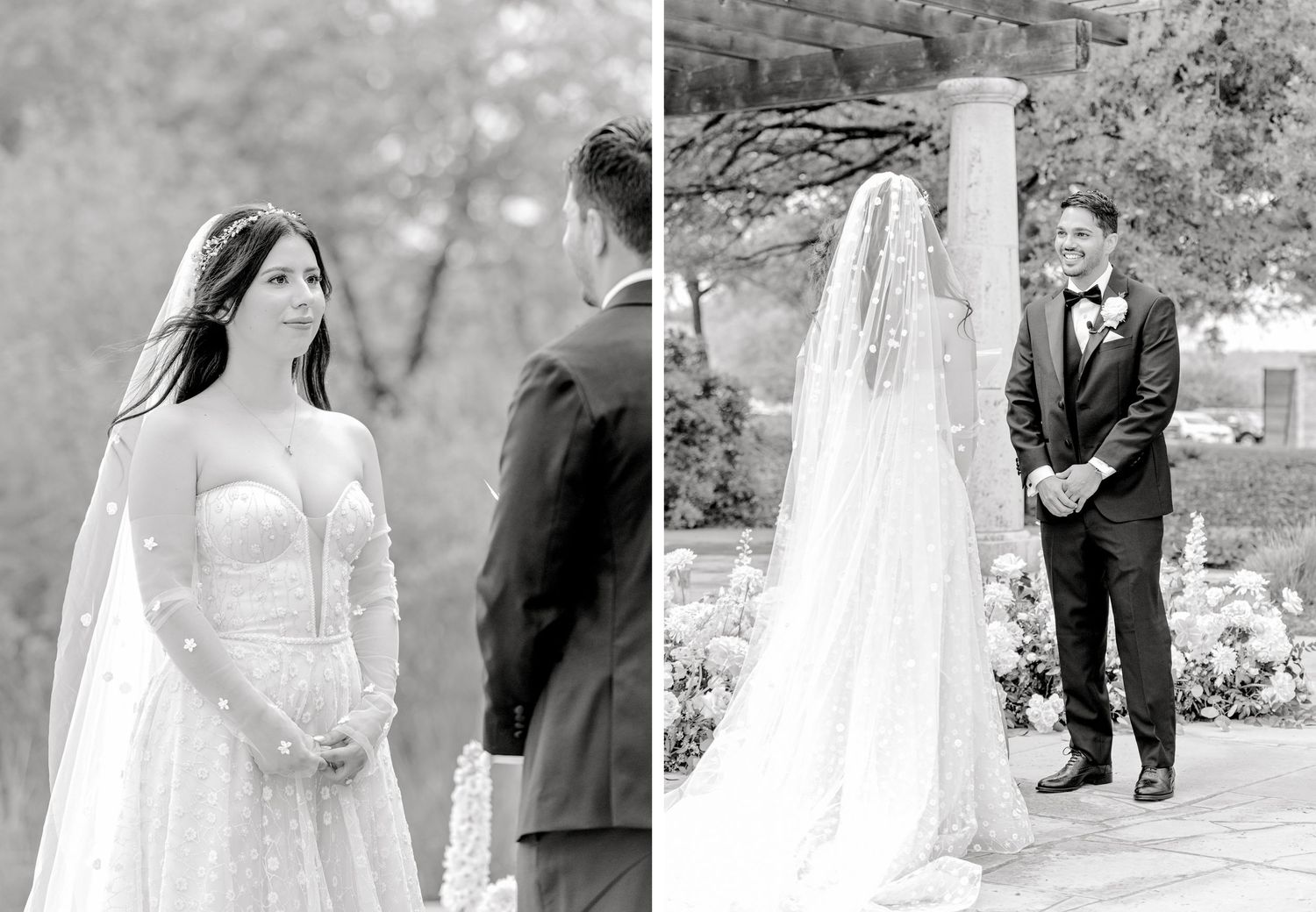 A couple shares an intimate moment during their wedding ceremony at an outdoor garden venue.