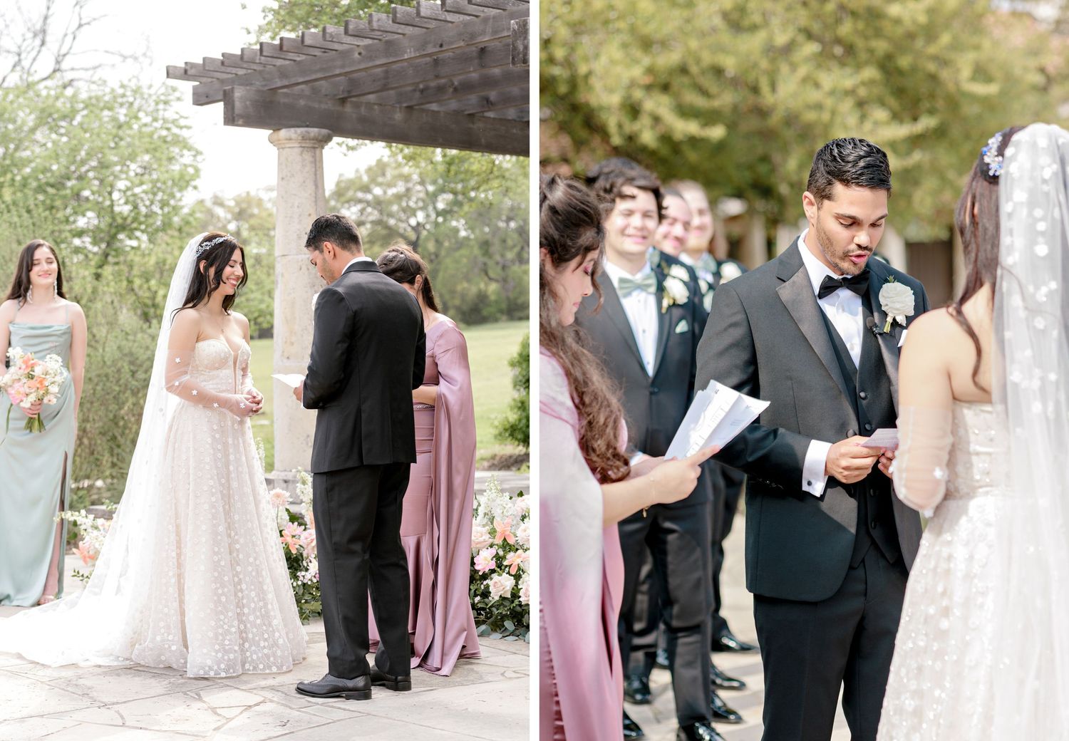 A beautiful outdoor wedding ceremony takes place under a rustic pergola with flower arrangements and mauve bridesmaid dresses.