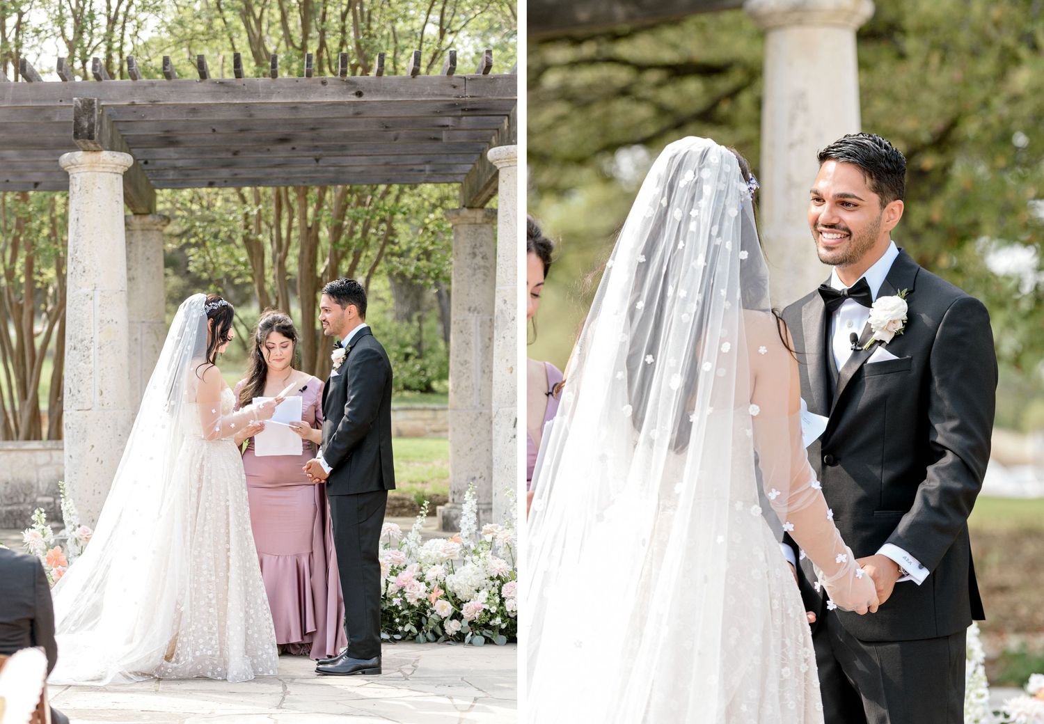 Wedding ceremony at an outdoor garden pergola decorated with white floral arrangements and romantic decor.
